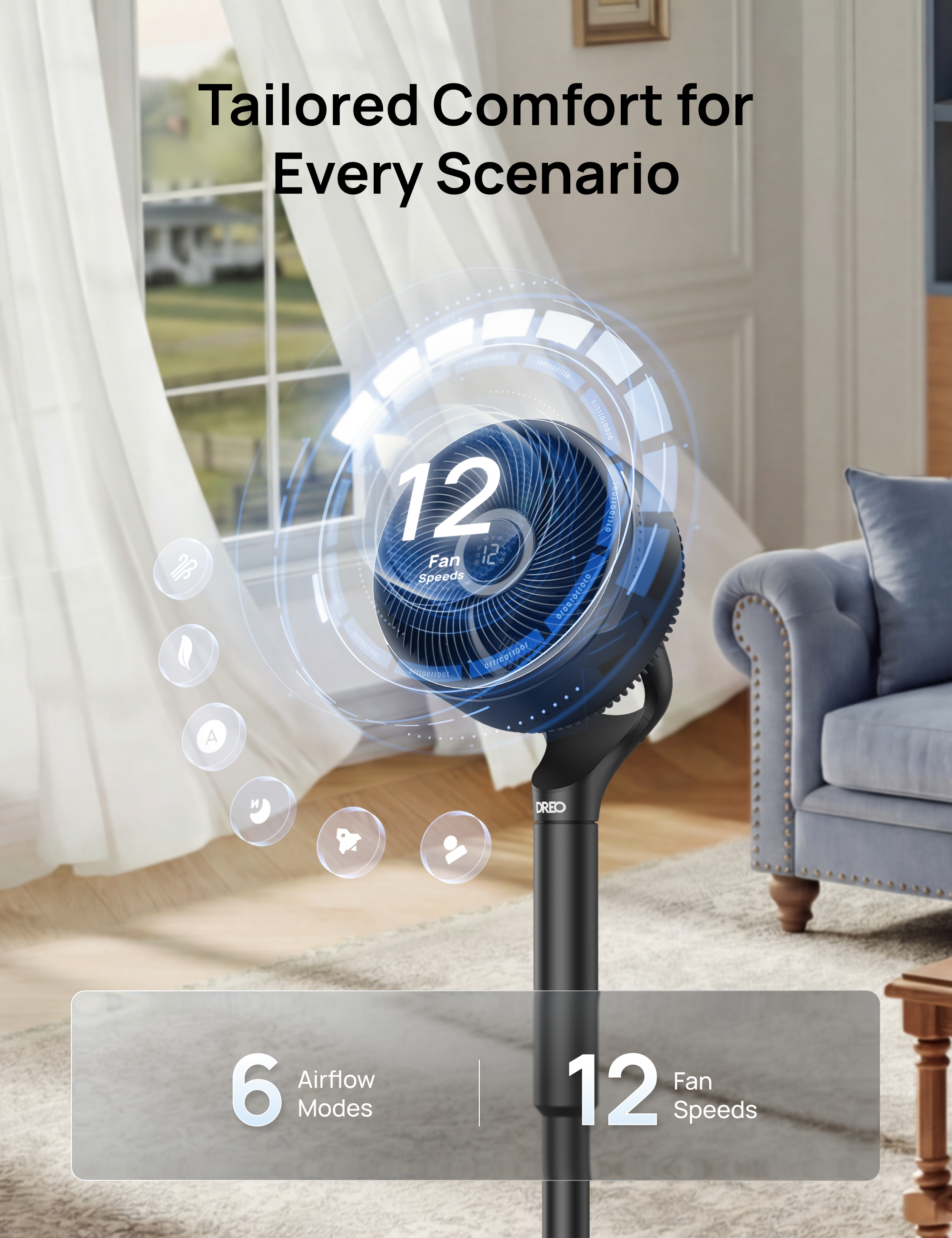 VortexFlow X3 Smart Air Circulator Fan – 2-in-1 Tabletop & Pedestal Design with 3D Oscillation, 12 Speeds & Ultra-Quiet Operation