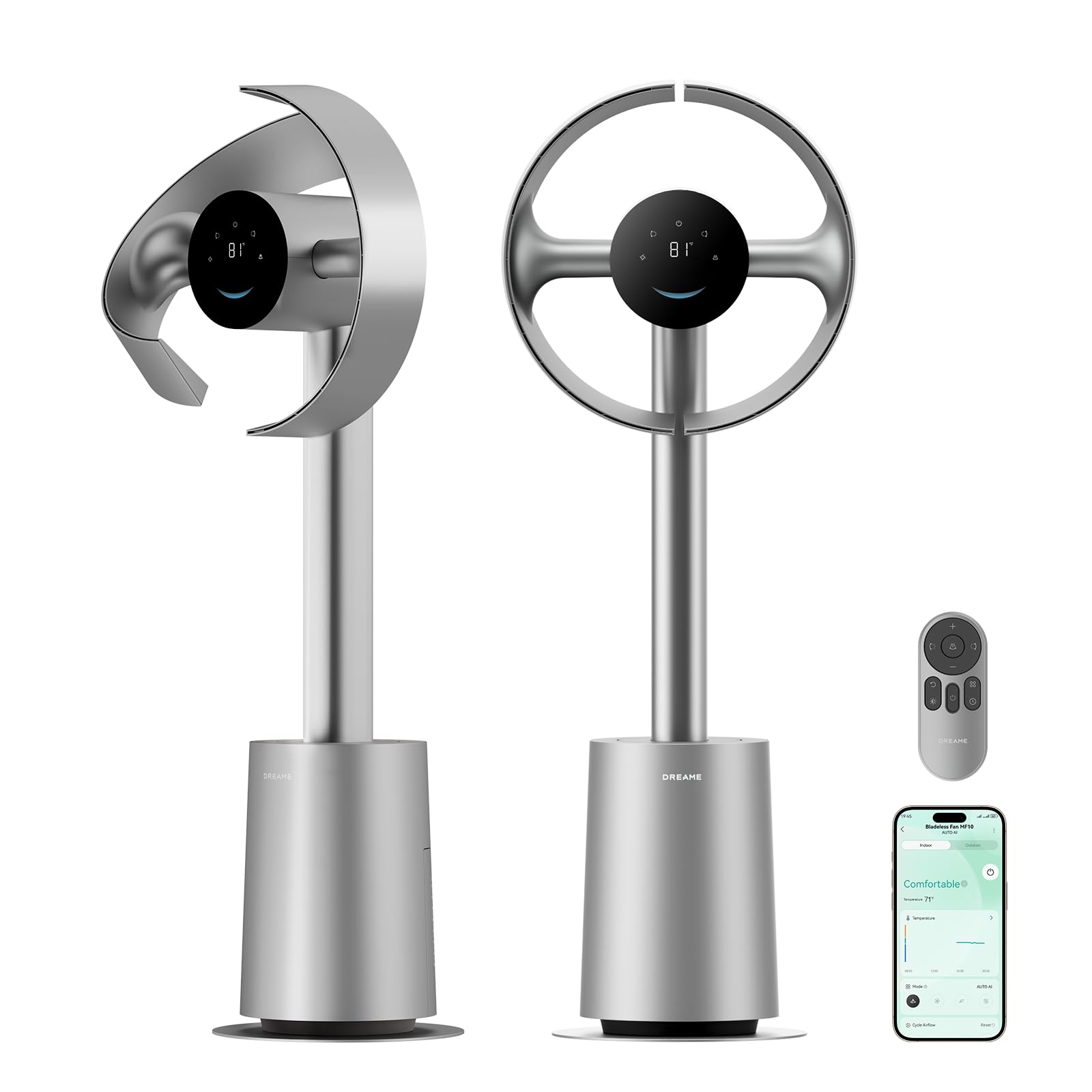 Bladeless Tower Fan for Bedroom, Smart Standing Fan with 270° Spatial Airflow for Whole-Room Circulation, 59ft/s High Velocity, 10 Speeds 3 Modes, Temperature-Adaptive Airflow, MF10-Silver