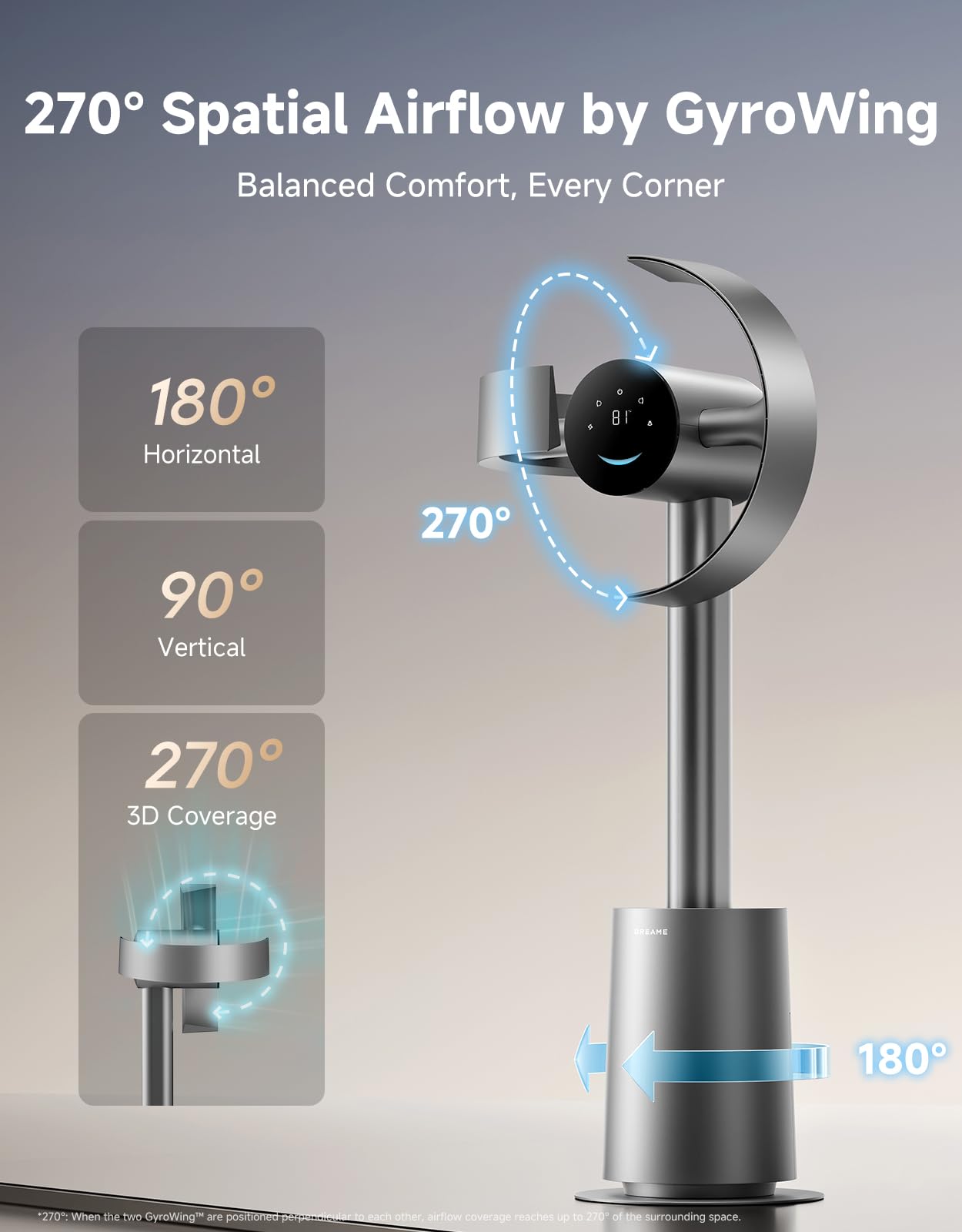 Bladeless Tower Fan for Bedroom, Smart Standing Fan with 270° Spatial Airflow for Whole-Room Circulation, 59ft/s High Velocity, 10 Speeds 3 Modes, Temperature-Adaptive Airflow, MF10-Silver
