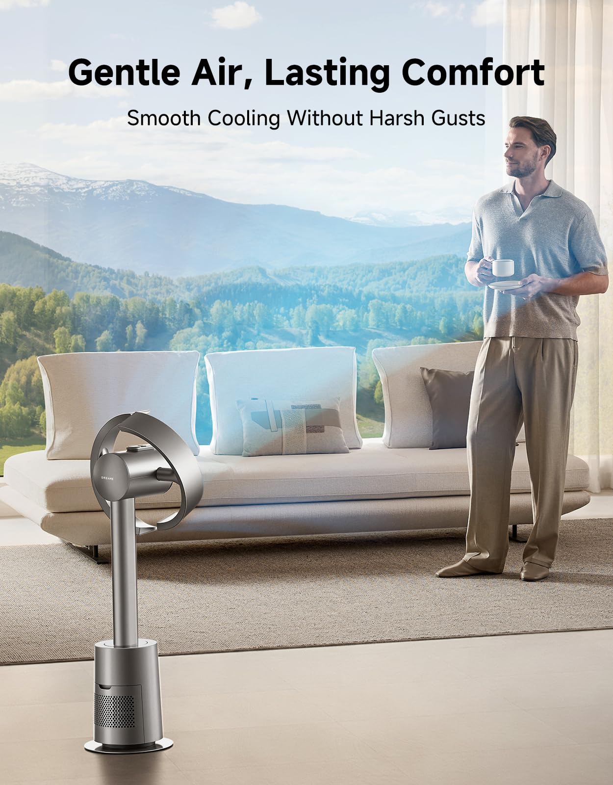 Bladeless Tower Fan for Bedroom, Smart Standing Fan with 270° Spatial Airflow for Whole-Room Circulation, 59ft/s High Velocity, 10 Speeds 3 Modes, Temperature-Adaptive Airflow, MF10-Silver