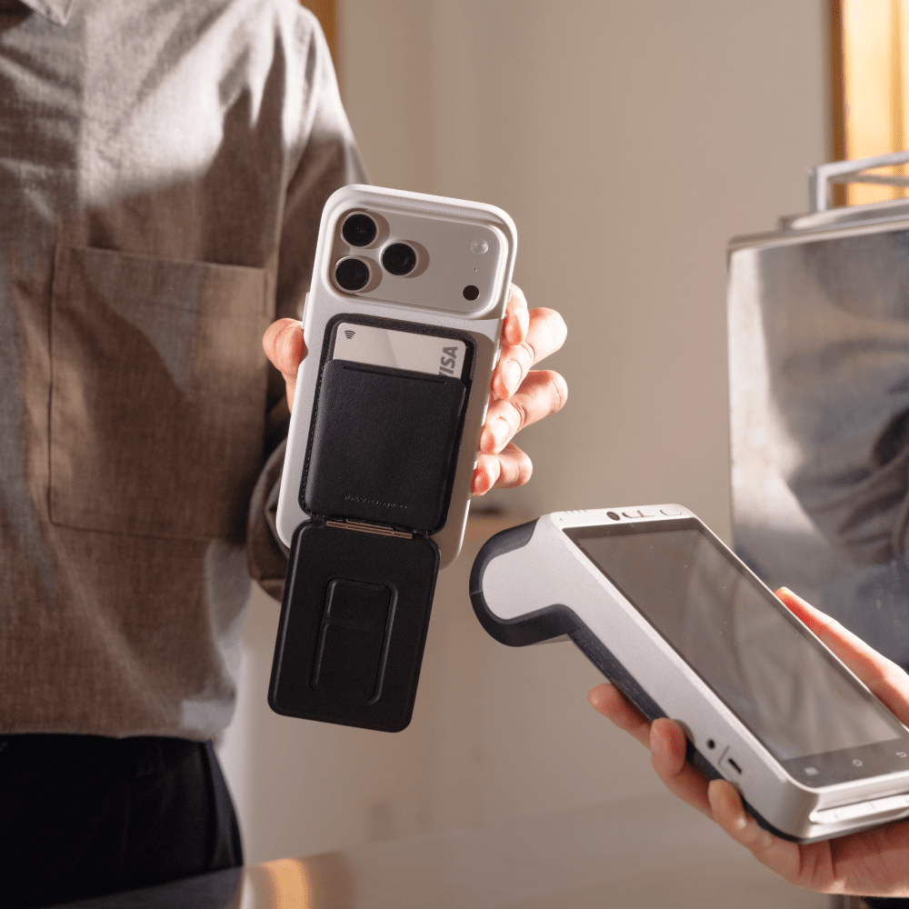 Trackable Tripod Wallet, Magnetic Wallet Stand, Find My Compatible Card Holder, Pocket-Size Selfie Stick, Vegan Leather Adjustable Phone Stand for Travel, Vlog, Video Call, Photography & Hands-Free Streaming