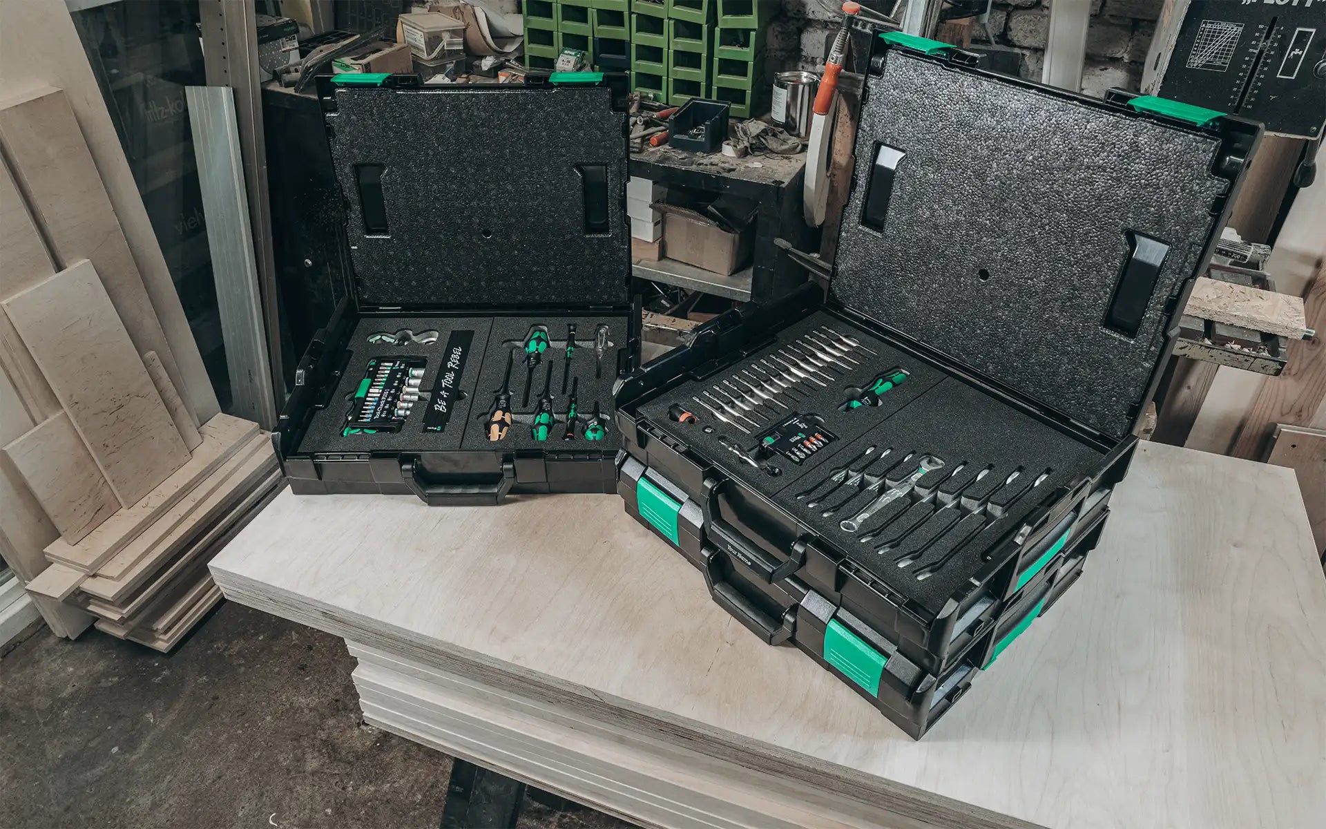 Workshop storage cases with organized tool inserts