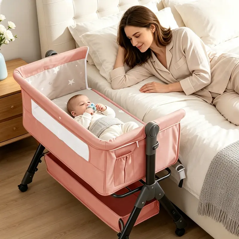 Baby Bassinet Crib-Bedside Sleeper with Storage Basket and Mosquito Net