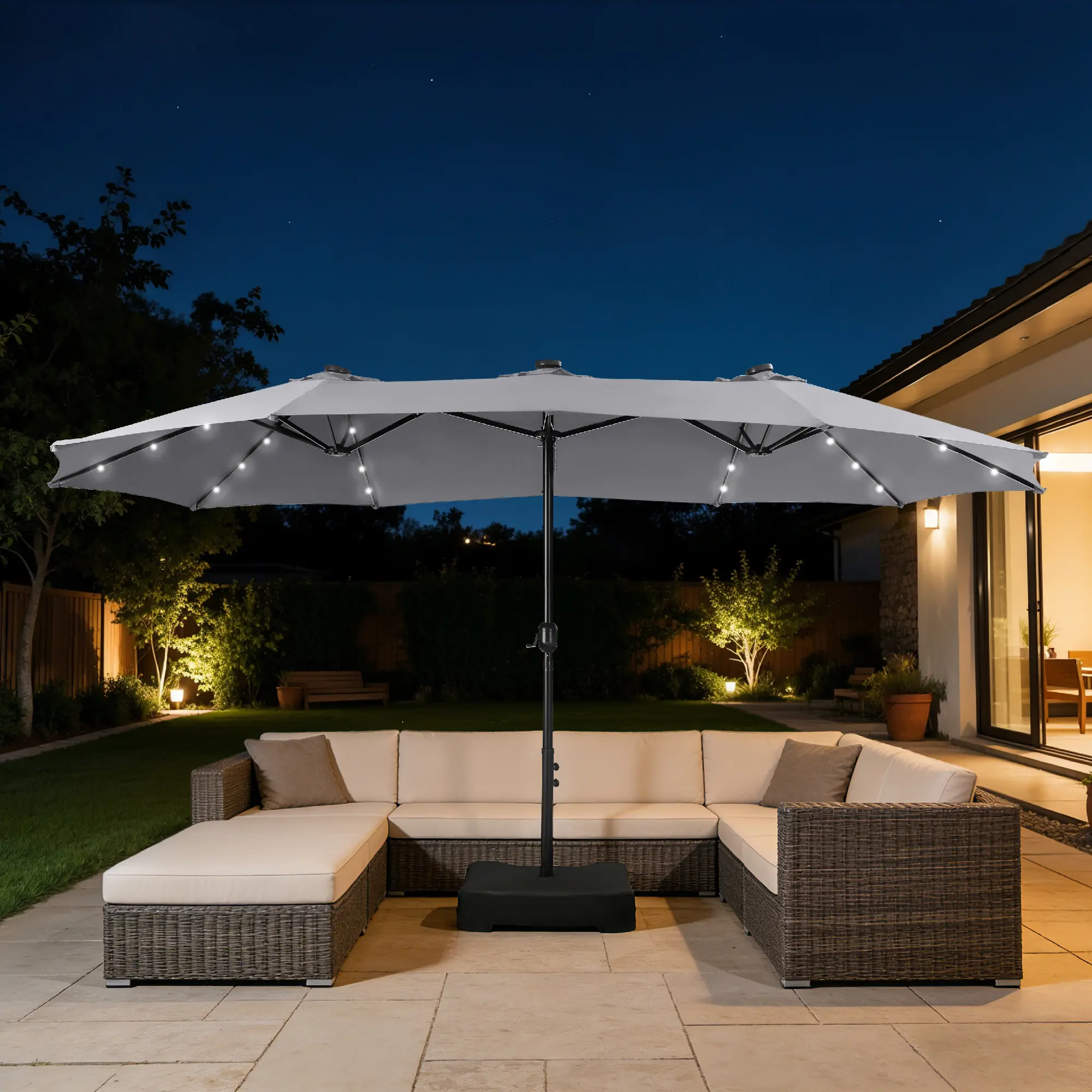 4.5 × 4 m Double-Sided Solar Patio Umbrella with Base, 36 LED Lights & Easy Crank – Extra-Large Outdoor Parasol for Gardens, Patios and Poolside Areas