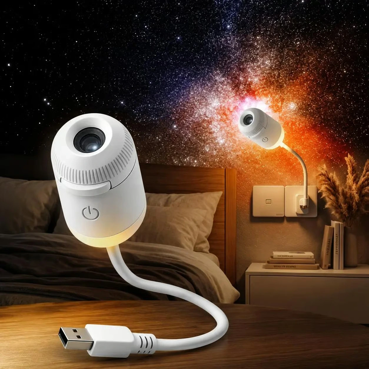 USB star projector plugged into wall power source