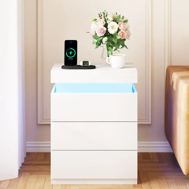 TryLazy Furniture Nightstand with Charging Station and LED Lights