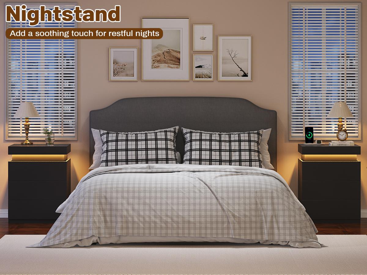TryLazy Furniture Nightstand with Charging Station and LED Lights, Night Stand with Sliding Top for Bedroom, Bedside Table with Drawers, Modern End Side Table
