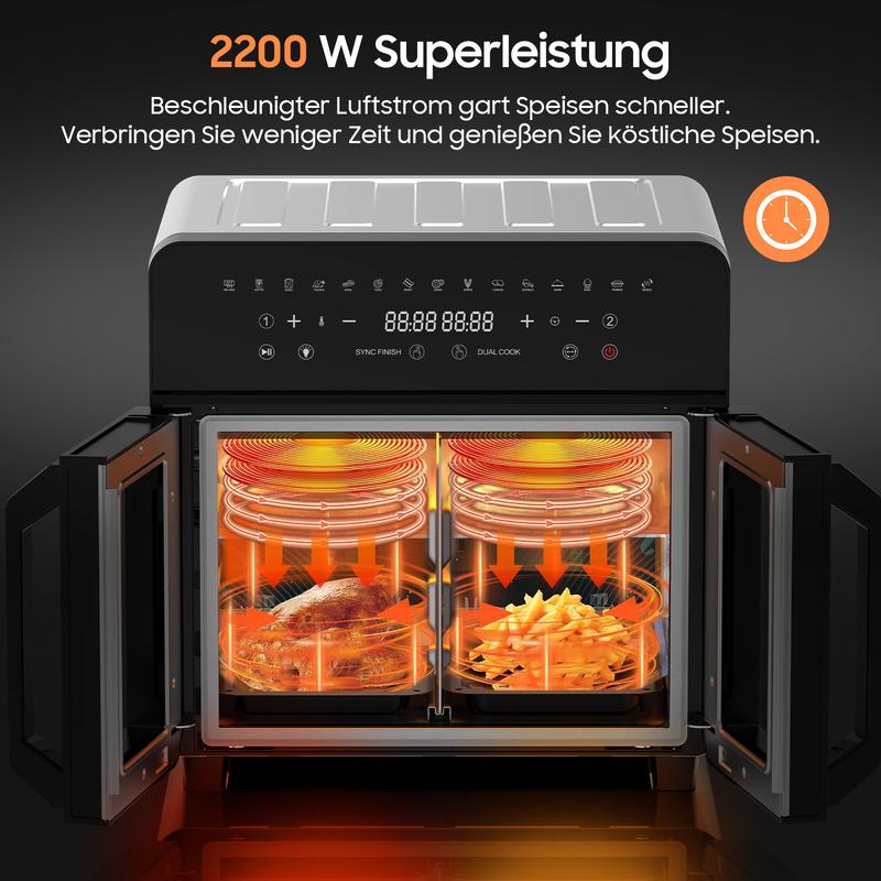23L XXL Heißluftfritteuse mit Doppeltür und Sichtfenster, Smart-Elktro-Ofen, 2200W