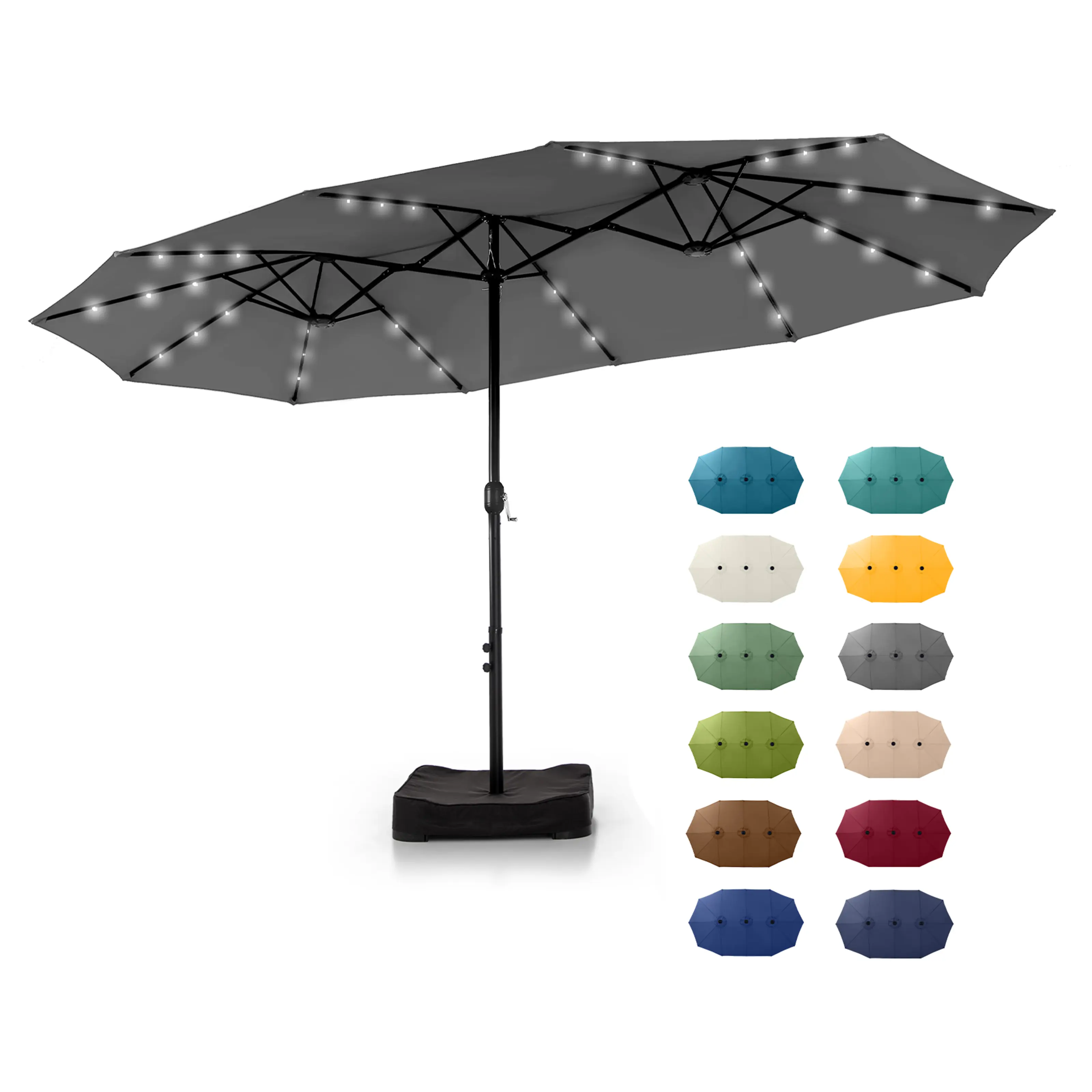 4.5 × 4 m Double-Sided Solar Patio Umbrella with Base, 36 LED Lights & Easy Crank – Extra-Large Outdoor Parasol for Gardens, Patios and Poolside Areas