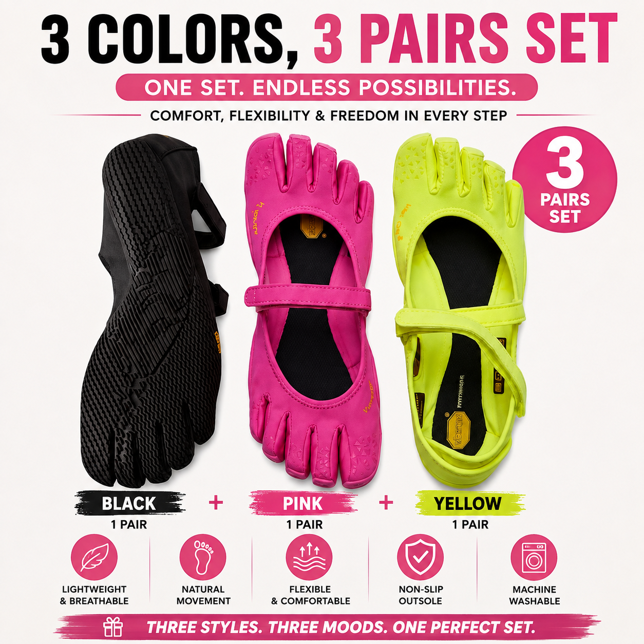 3 pairs of  Women's 5-Toe Separated Barefoot Minimalist Slip-On Flats