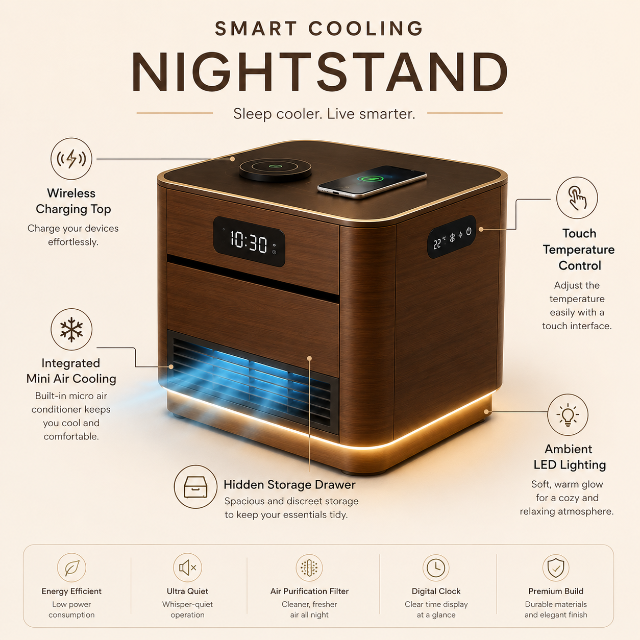 Smart Cooling Nightstand with Wireless Charging