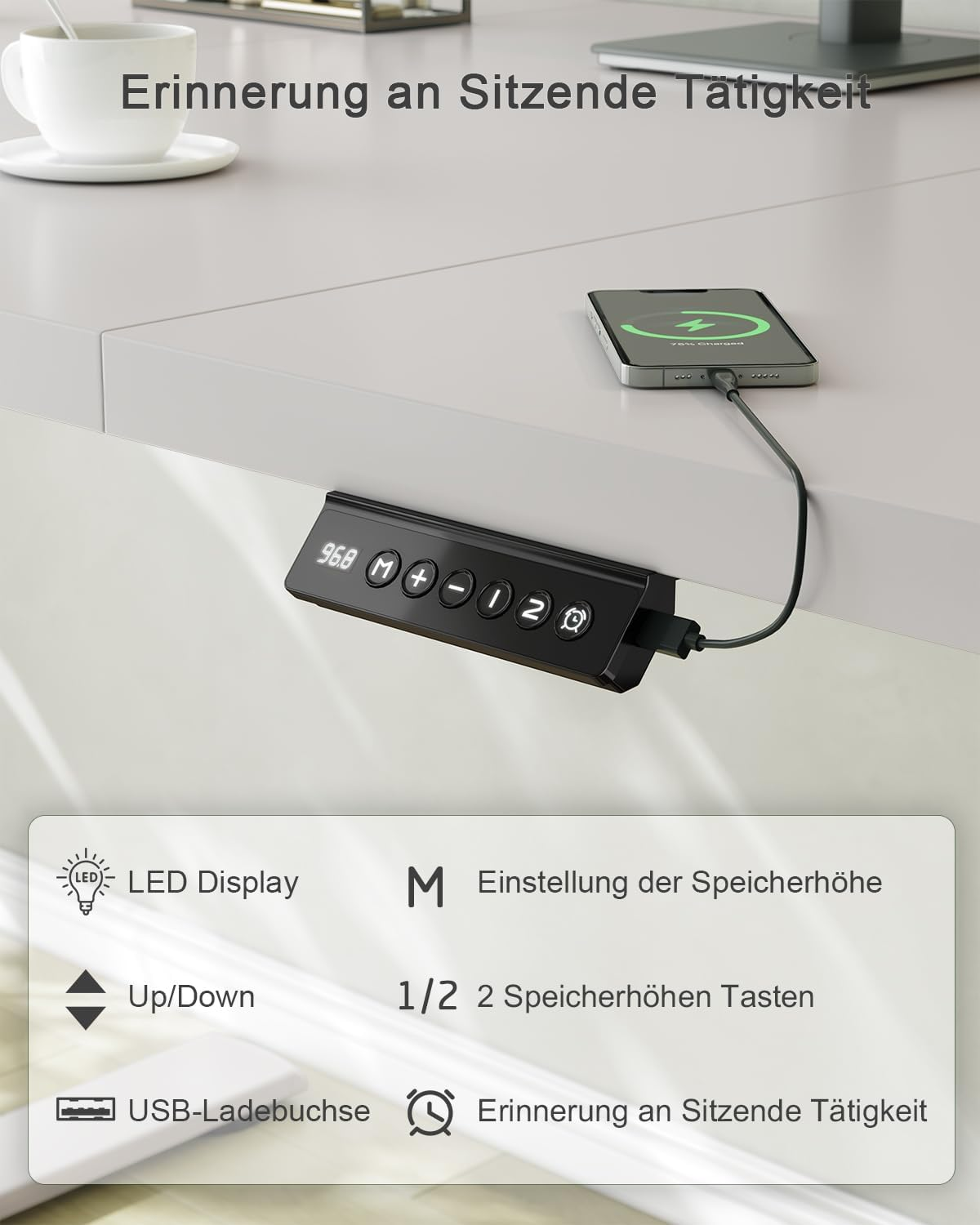 JUMMICO Height-Adjustable Desk with USB Charging Port, 120 x 60 cm, Electric Desk, Standing Seat, Table, Adjustable Computer Desk, Grey