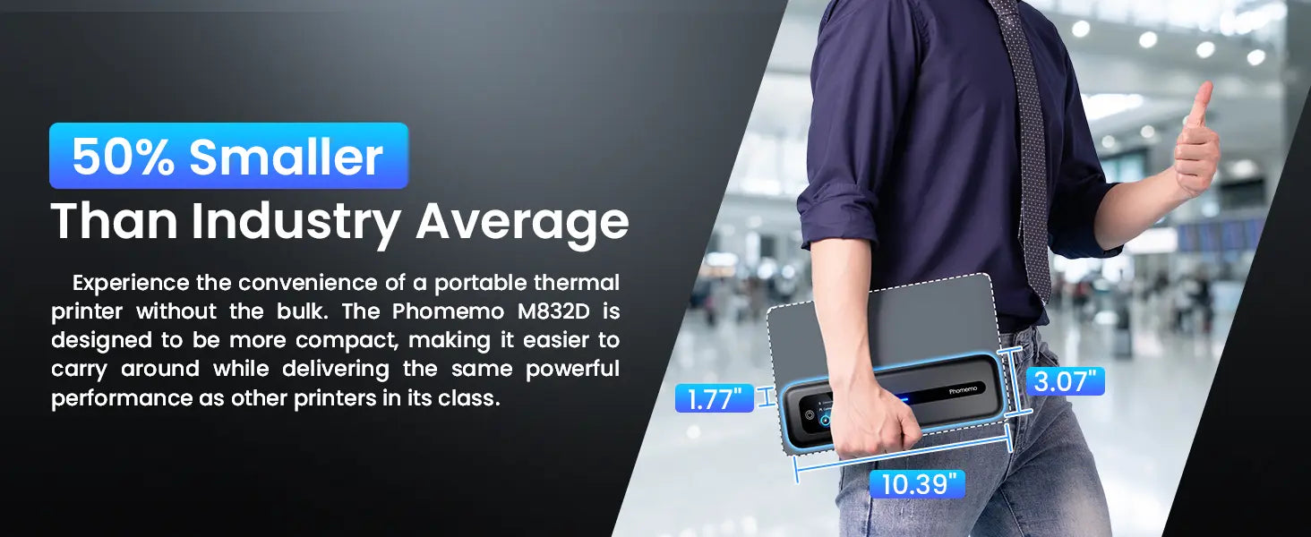 Phomemo M832D portable thermal printer is 50% smaller than average, ideal for business travel, school, or home office use.