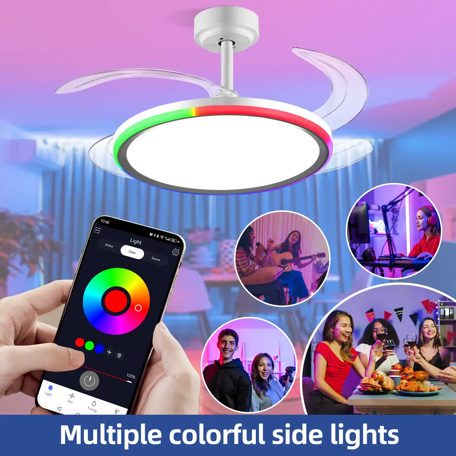 42 Inch Slim Invisible Ceiling Fan with RGB Lights-Ventilador de Techo con Luz LED