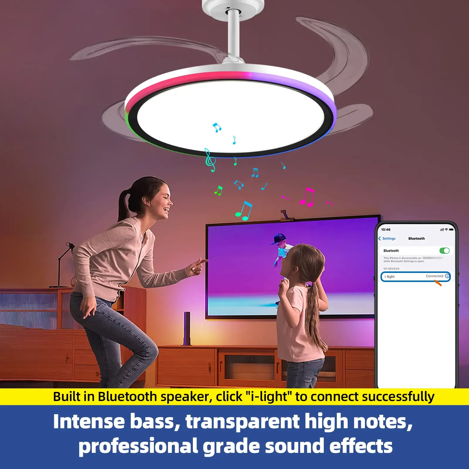 42 Inch Slim Invisible Ceiling Fan with RGB Lights-Ventilador de Techo con Luz LED