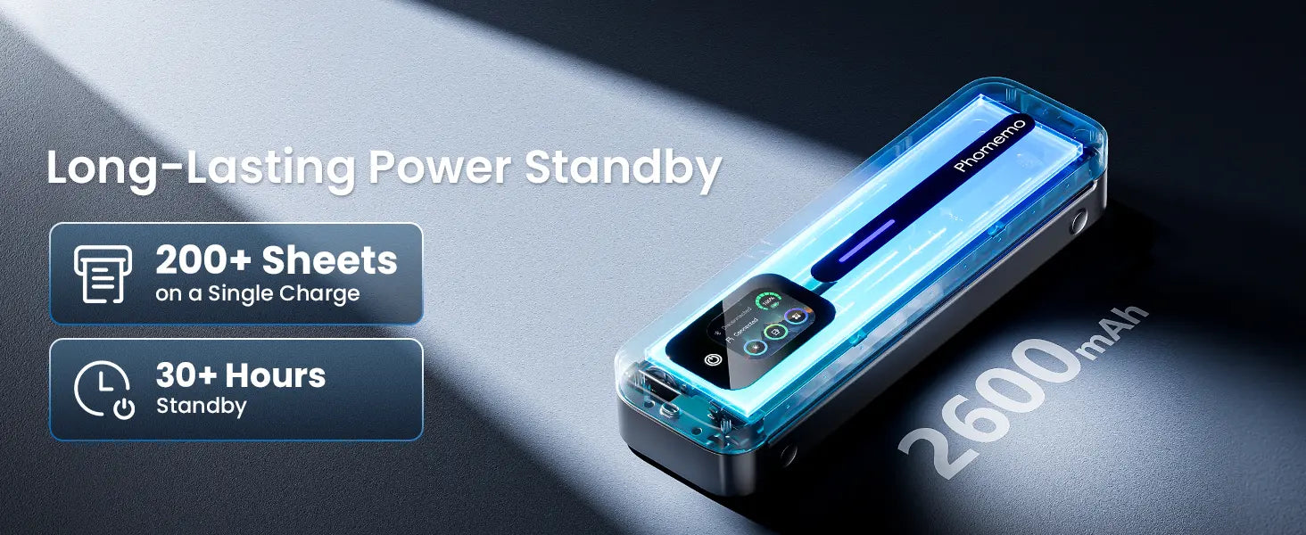Phomemo M832D wireless A4 thermal printer with 2600mAh battery prints 200+ pages per charge and supports 30-hour standby.