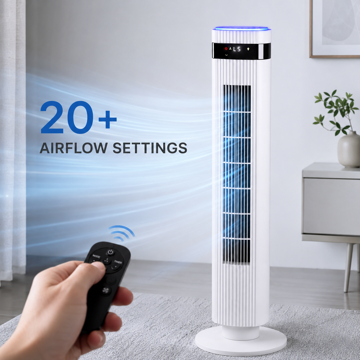 Portable Tower Fan with Remote Control, 20+ Airflow Settings, Digital Display & Blue LED Light, Slim Quiet Cooling Floor Fan for Bedroom, Office, Dorm Room and Living Room