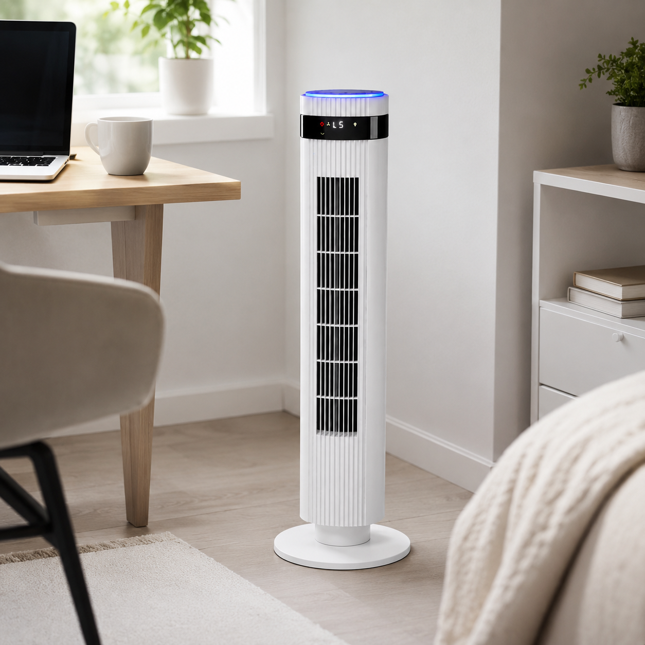 Portable Tower Fan with Remote Control, 20+ Airflow Settings, Digital Display & Blue LED Light, Slim Quiet Cooling Floor Fan for Bedroom, Office, Dorm Room and Living Room