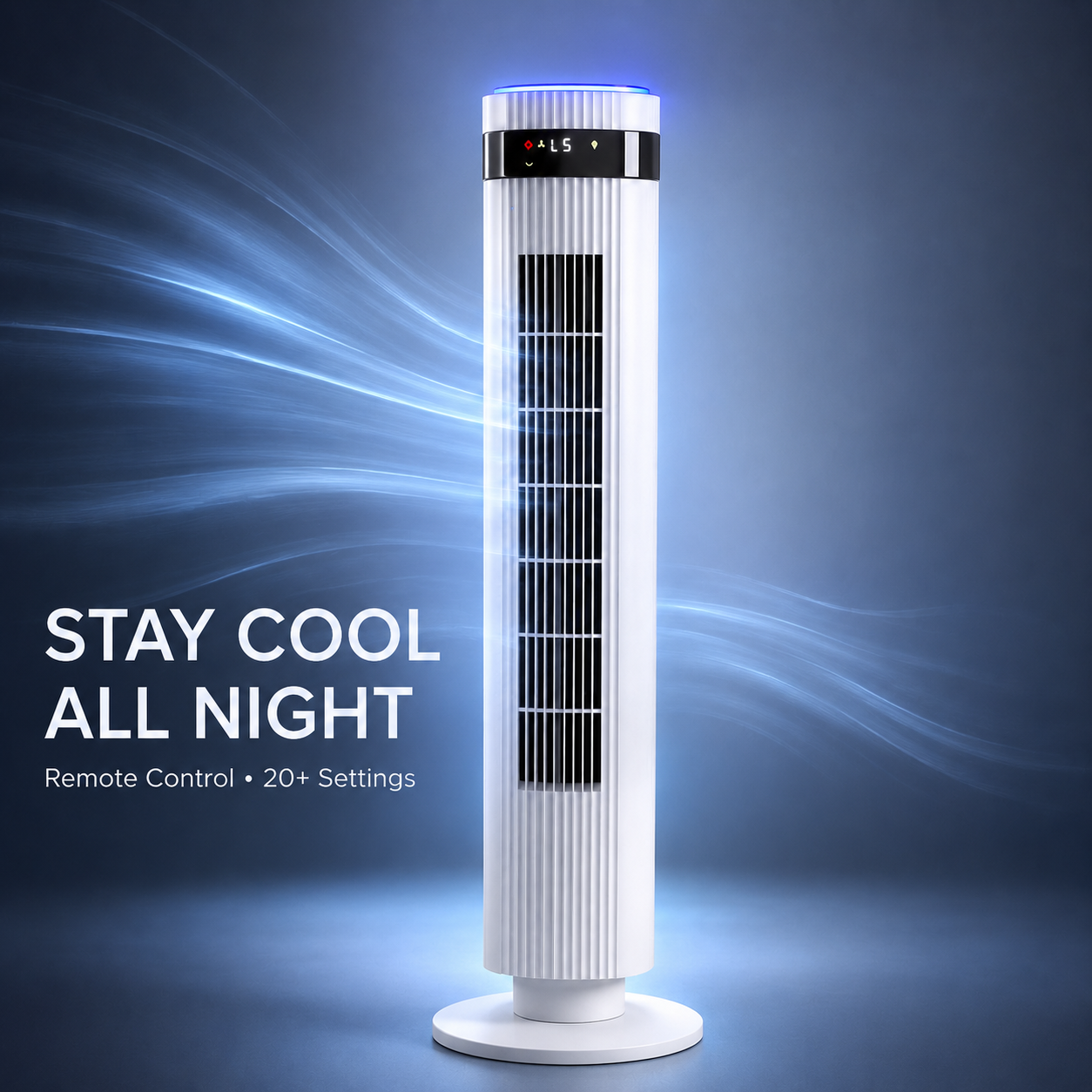 Portable Tower Fan with Remote Control, 20+ Airflow Settings, Digital Display & Blue LED Light, Slim Quiet Cooling Floor Fan for Bedroom, Office, Dorm Room and Living Room