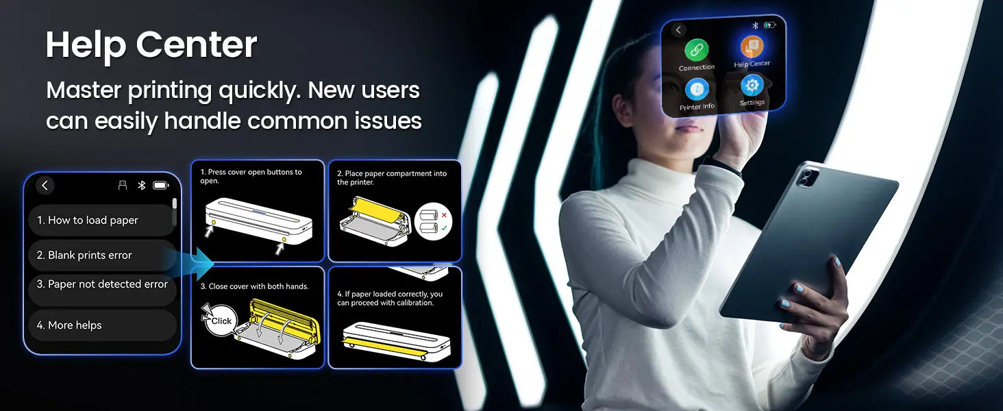 Built-in help center of Phomemo M832D touchscreen printer shows step-by-step guide for paper loading and calibration.