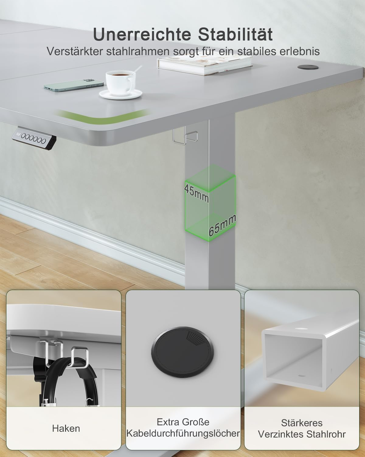 JUMMICO Height-Adjustable Desk with USB Charging Port, 120 x 60 cm, Electric Desk, Standing Seat, Table, Adjustable Computer Desk, Grey