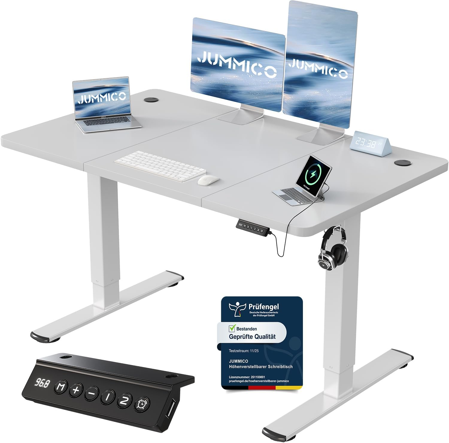 JUMMICO Height-Adjustable Desk with USB Charging Port, 120 x 60 cm, Electric Desk, Standing Seat, Table, Adjustable Computer Desk, Grey
