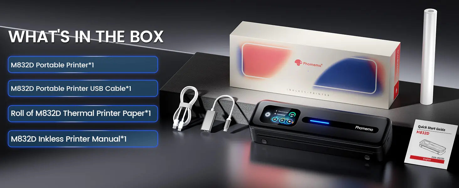 Phomemo M832D package includes portable printer, USB cable, thermal paper roll, and user manual for quick setup and printing.