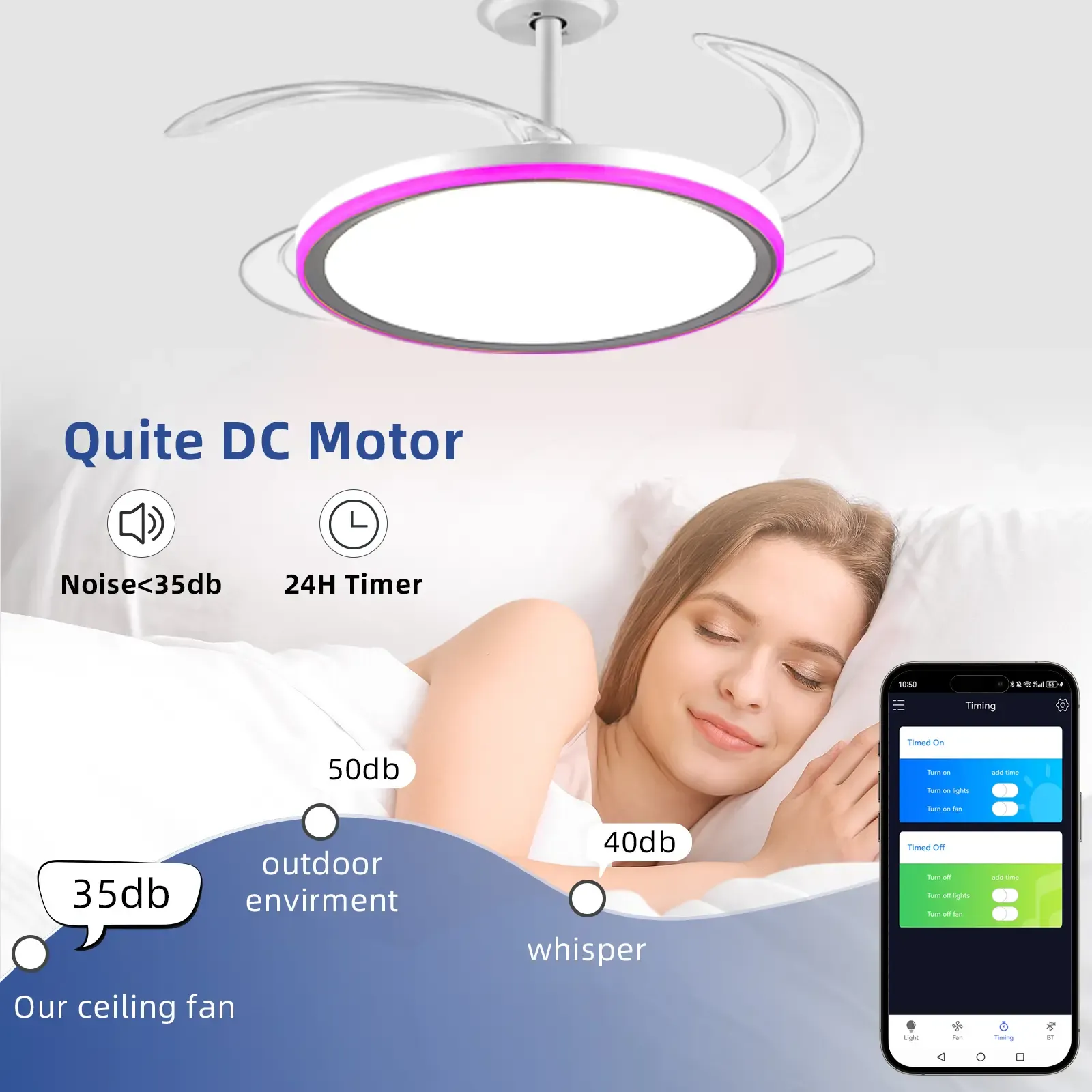 42 Inch Slim Invisible Ceiling Fan with RGB Lights-Ventilador de Techo con Luz LED