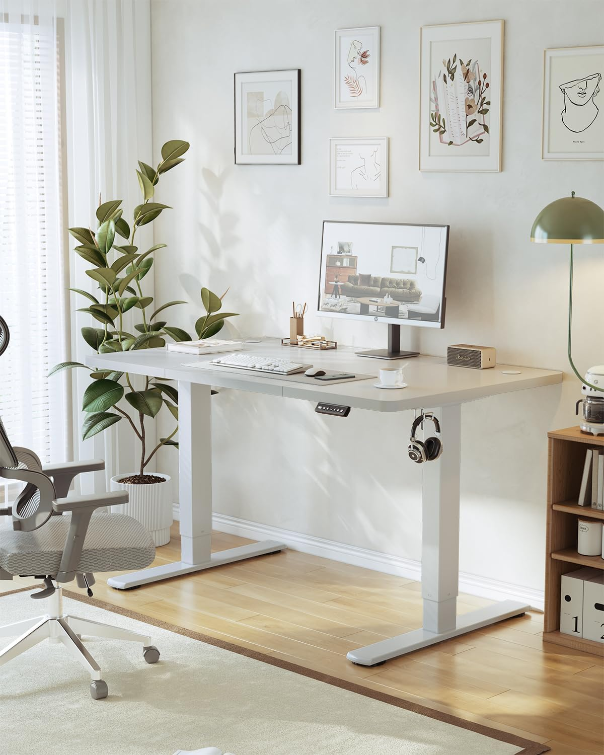 JUMMICO Height-Adjustable Desk with USB Charging Port, 120 x 60 cm, Electric Desk, Standing Seat, Table, Adjustable Computer Desk, Grey