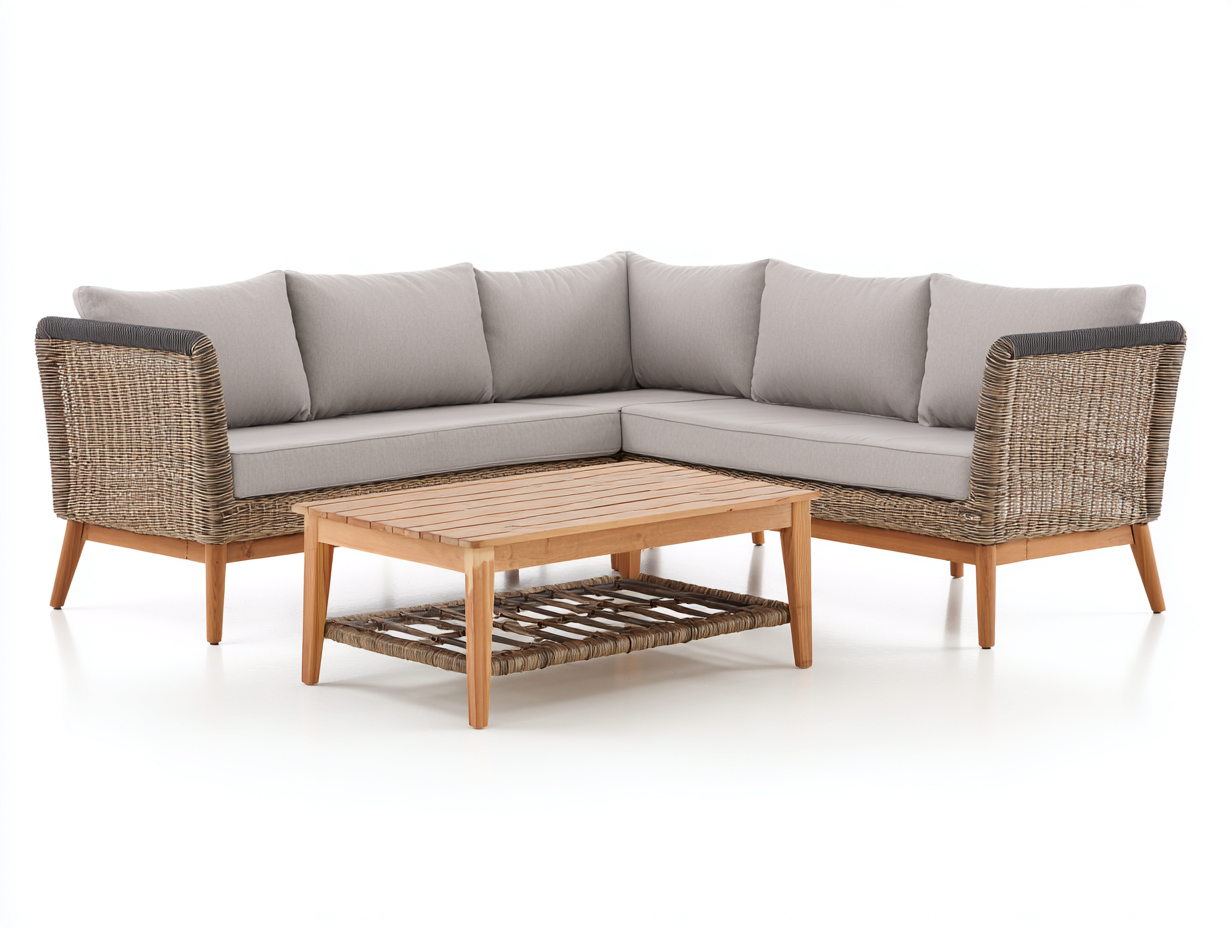 Divani da esterno - Rattan - Legno - 238 x 238 x 82 cm - Naturale-Grigio chiaro - Stile nordico-Karayinterior