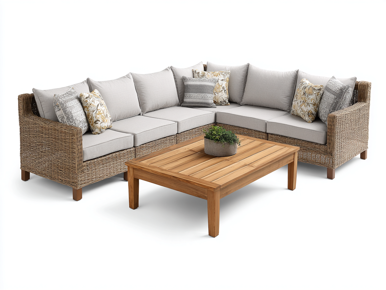 Divani da esterno - Rattan - Legno - 285 x 225 x 83 cm - Naturale-Grigio chiaro - Stile country-Karayinterior