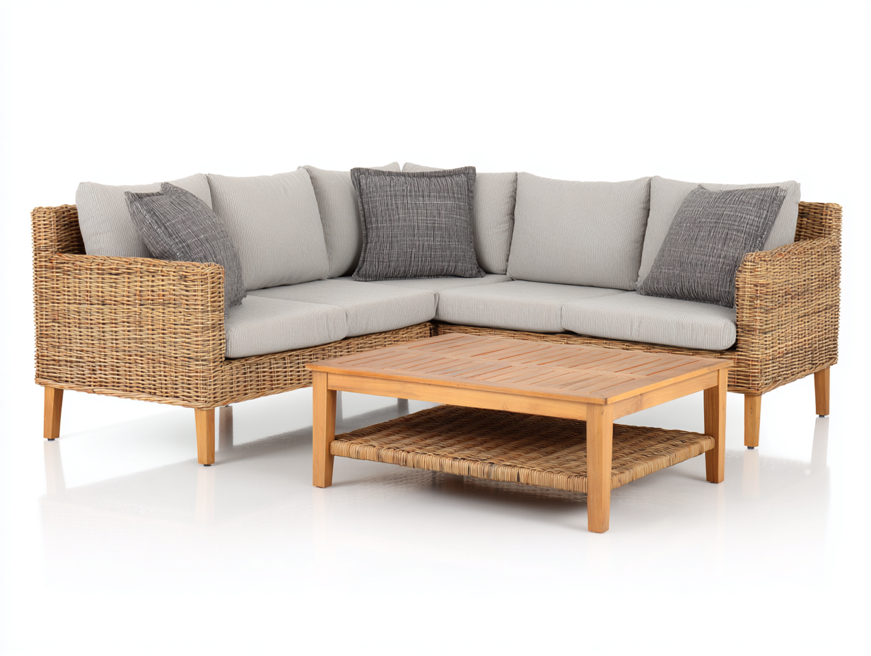 Divani da esterno - Rattan - Legno - 240 x 240 x 84 cm - Naturale-Crema - Stile rustico-Karayinterior