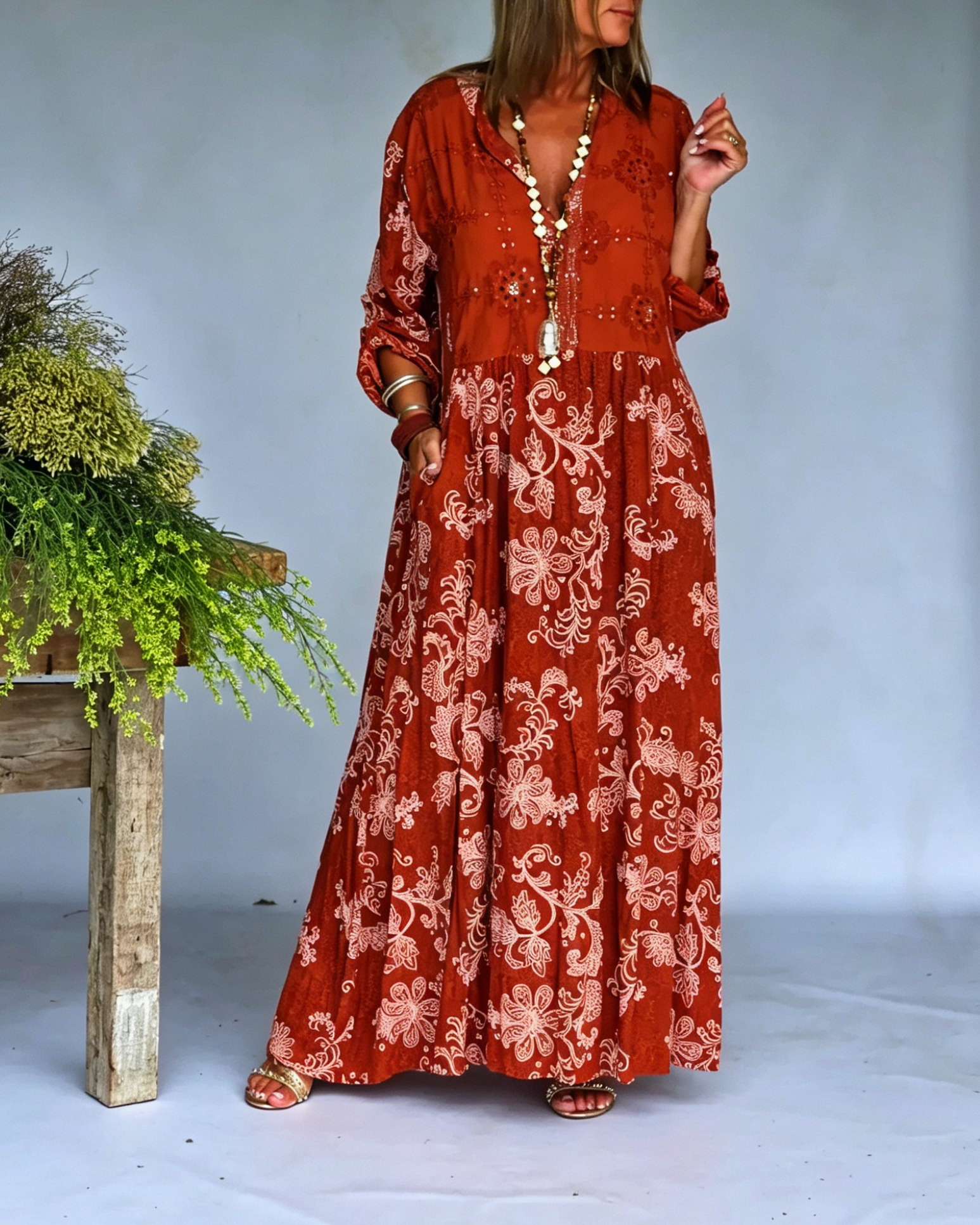 Casual Bohemian Floral Print  V-Neck Long Sleeve Maxi Dress