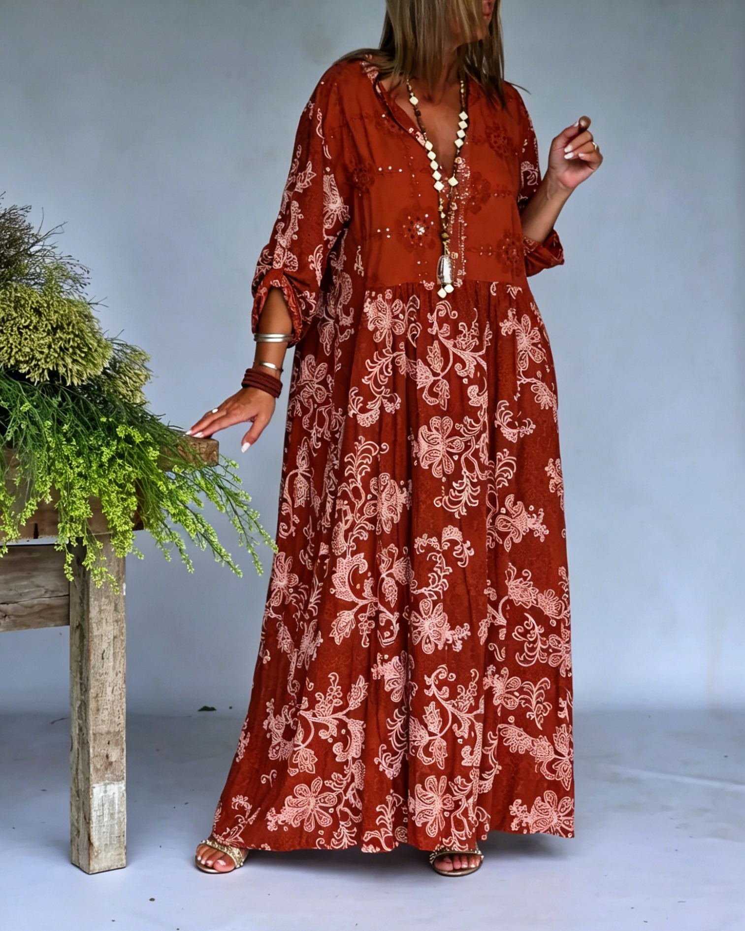 Casual Bohemian Floral Print  V-Neck Long Sleeve Maxi Dress