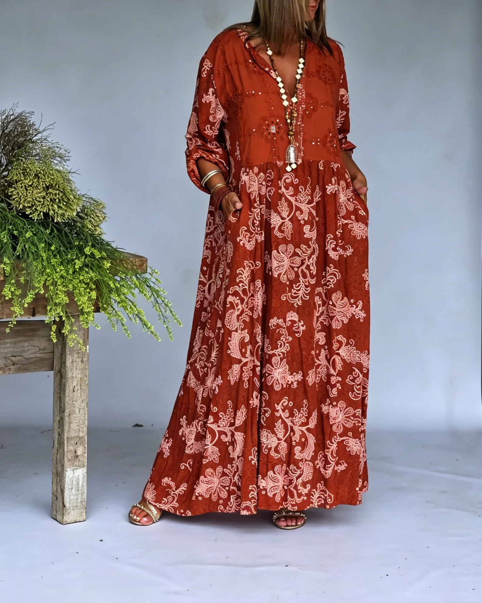 Casual Bohemian Floral Print  V-Neck Long Sleeve Maxi Dress
