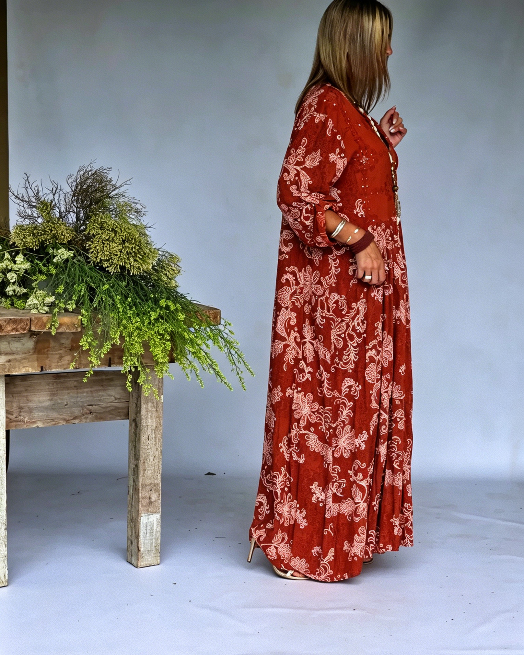 Casual Bohemian Floral Print  V-Neck Long Sleeve Maxi Dress