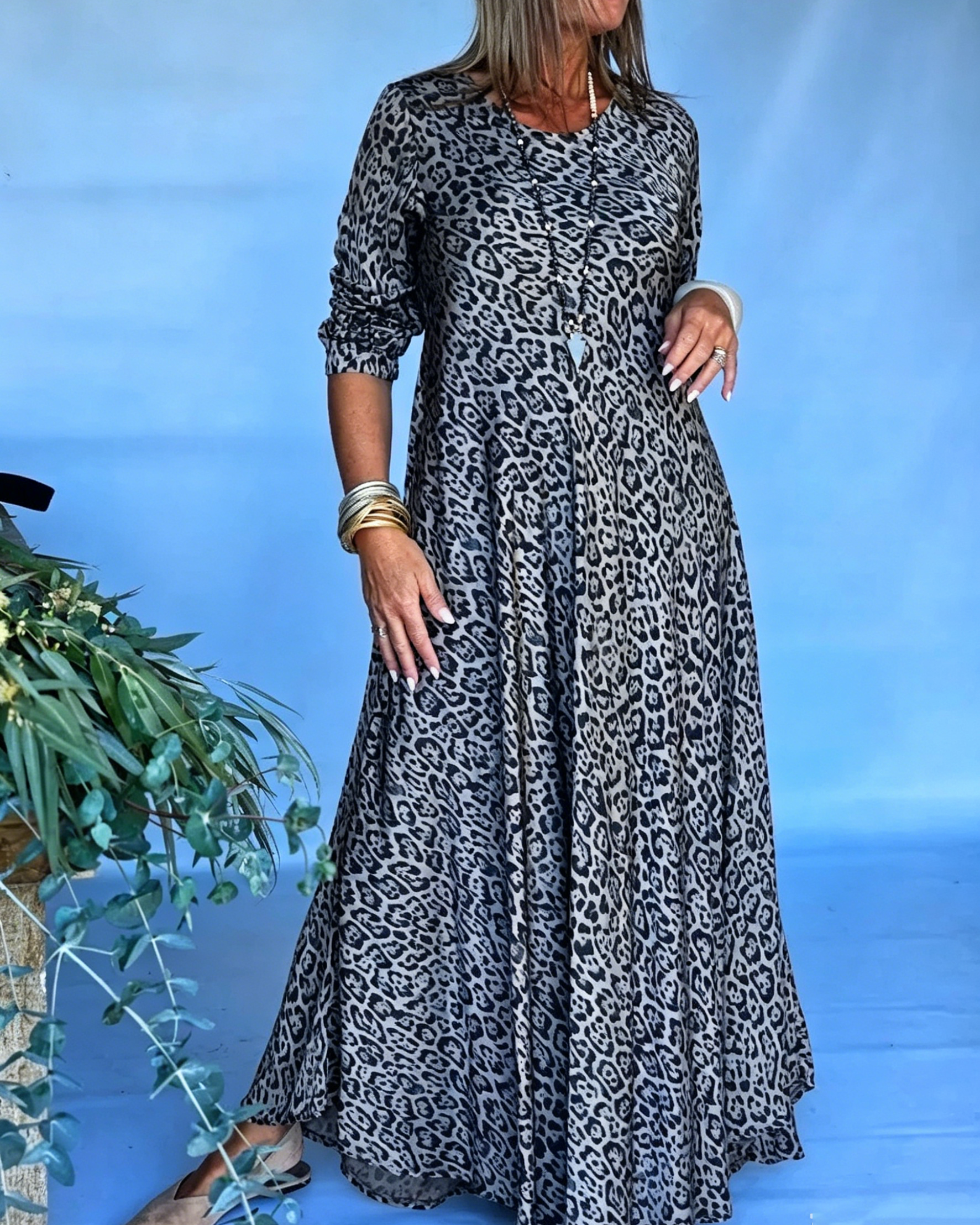 Casual Loose Long Sleeve Leopard Print Maxi Dress