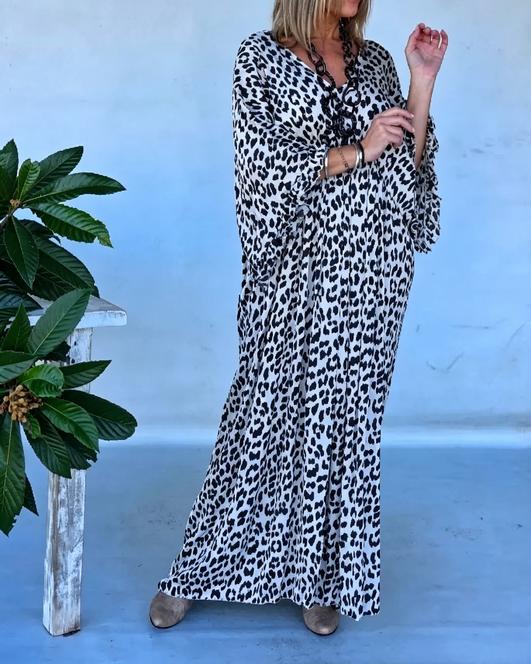Casual V-Neck Leopard Print Batwing Sleeve Loose Flowy Maxi Dress