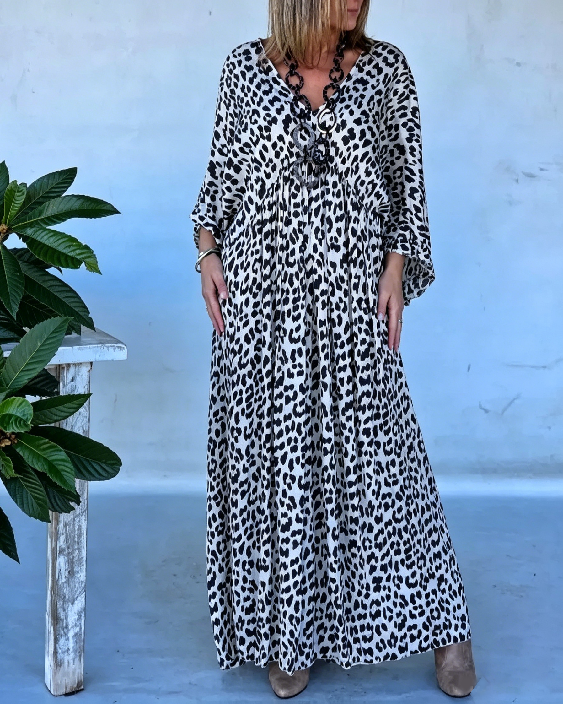 Casual V-Neck Leopard Print Batwing Sleeve Loose Flowy Maxi Dress