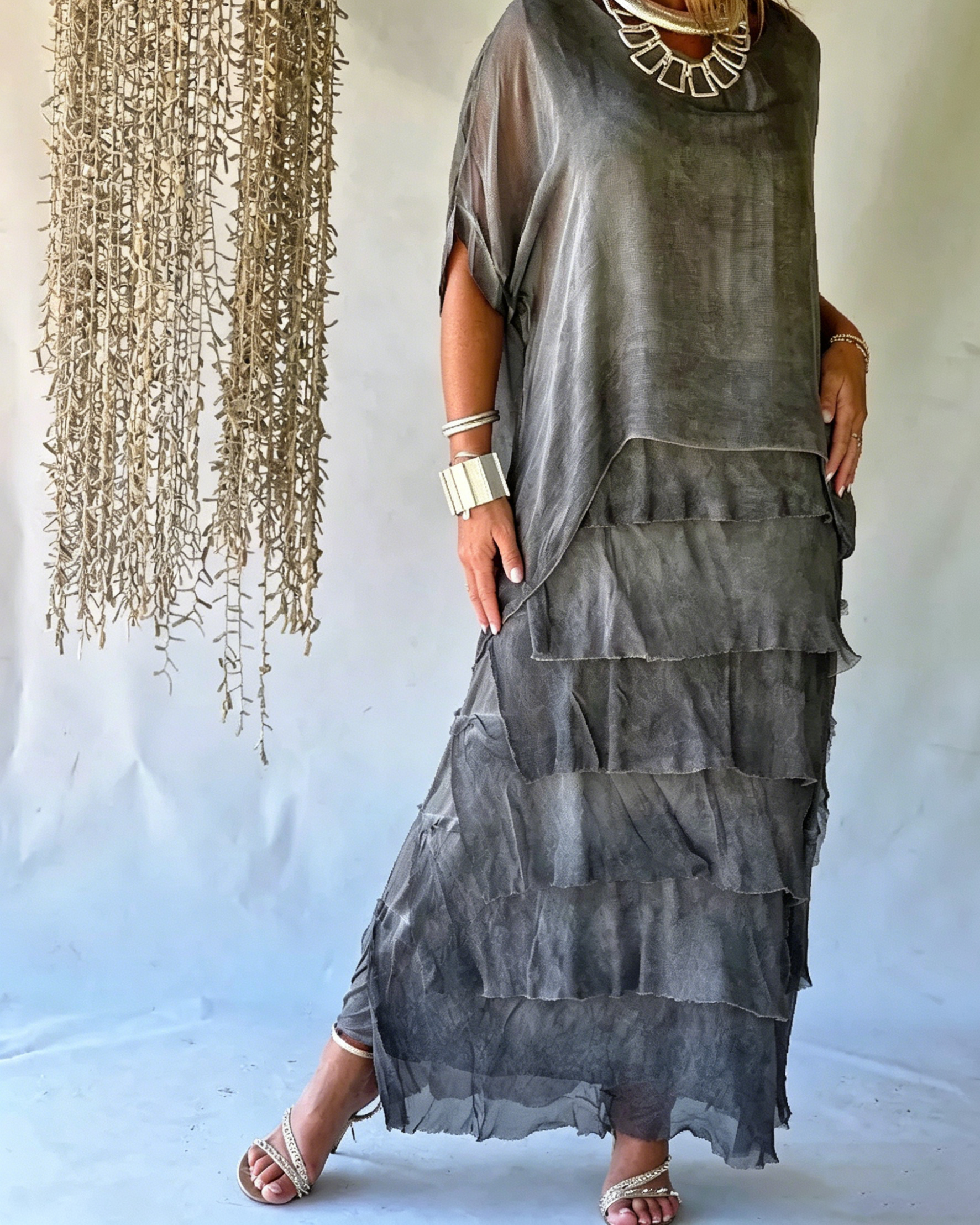 Casual Chiffon Asymmetrical Tiered Short Sleeve Maxi Dress