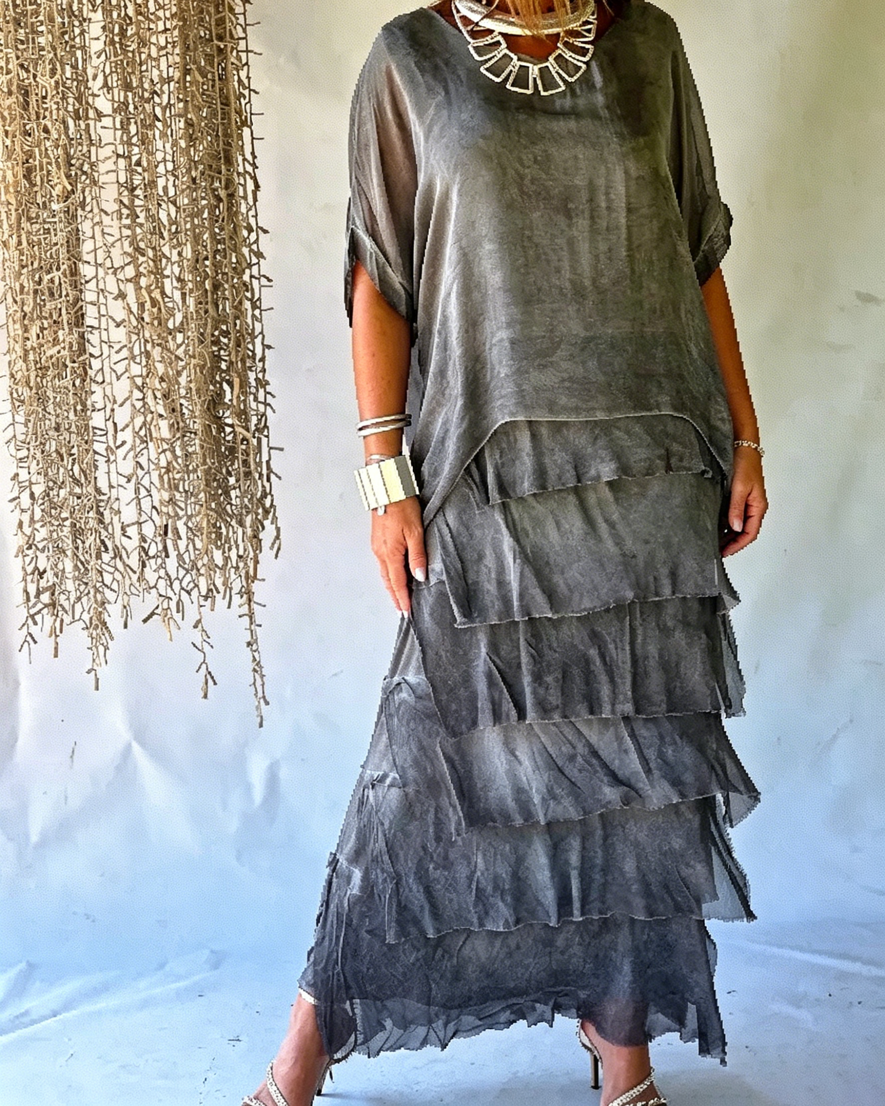 Casual Chiffon Asymmetrical Tiered Short Sleeve Maxi Dress