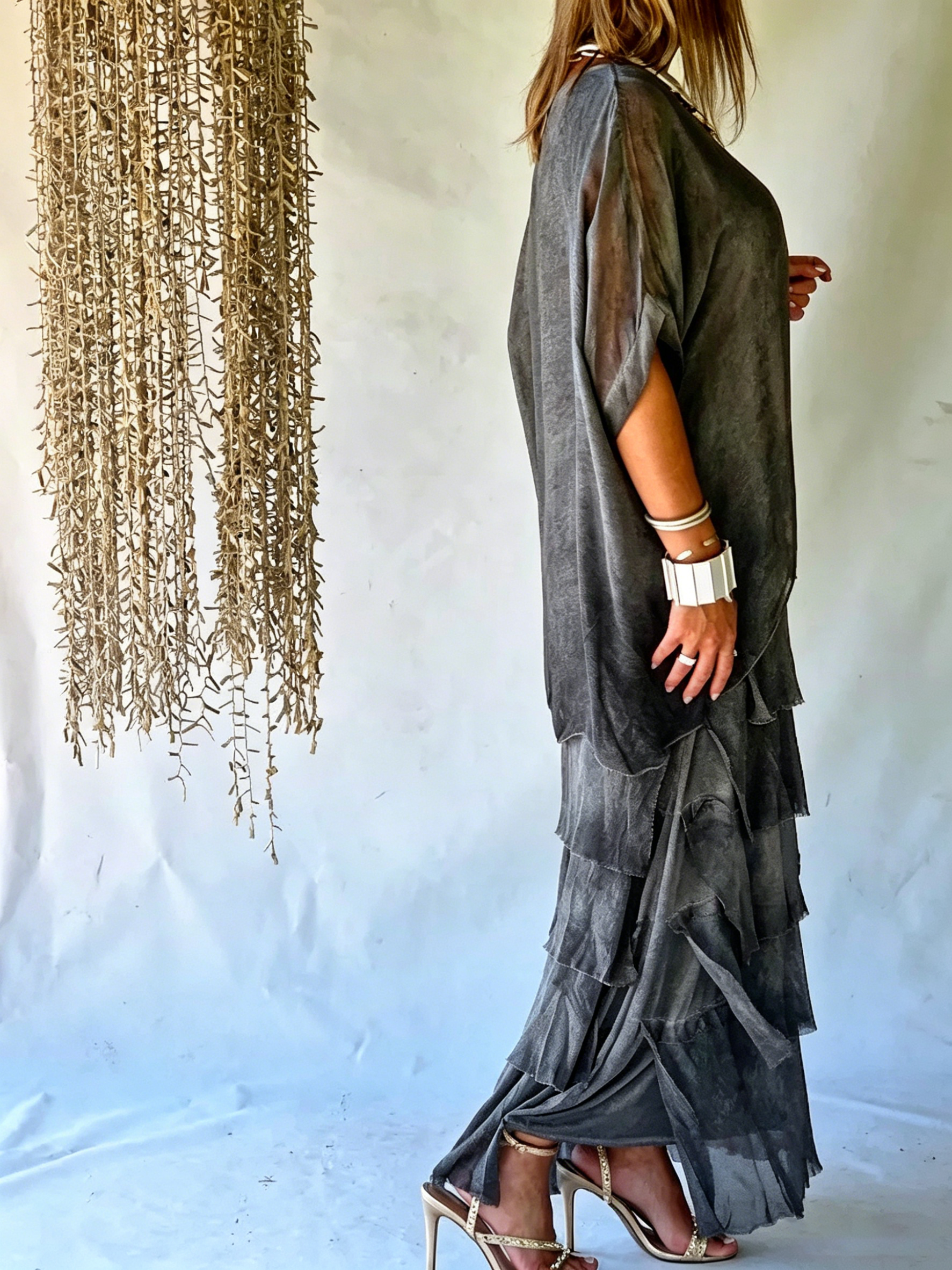 Casual Chiffon Asymmetrical Tiered Short Sleeve Maxi Dress