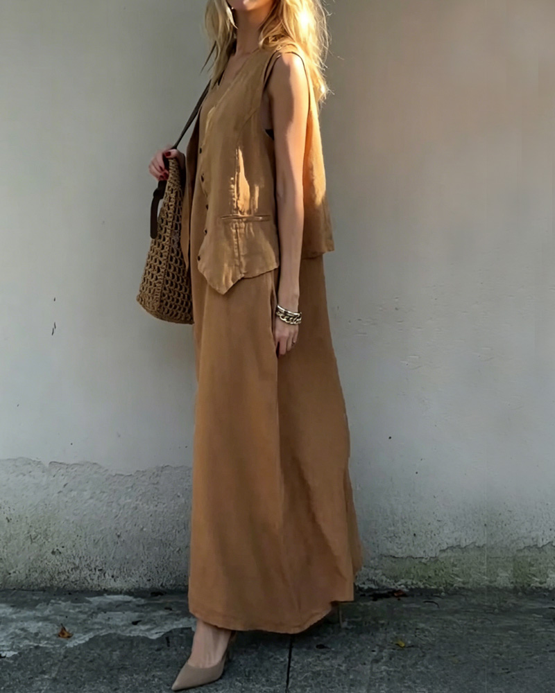 Casual Linen Vest and Dress Two-Piece Set