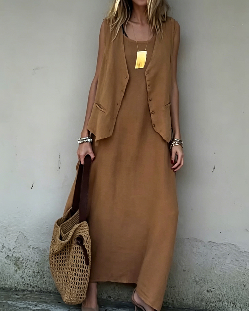 Casual Linen Vest and Dress Two-Piece Set