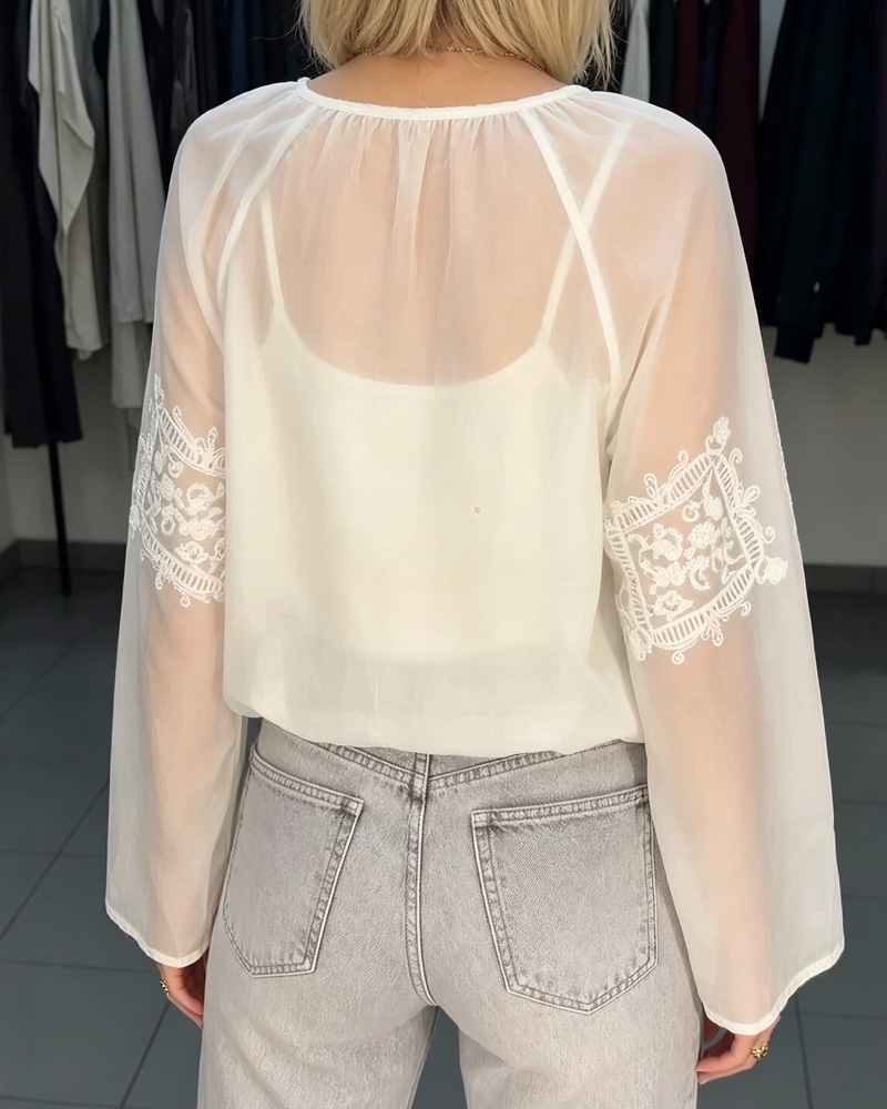Casual Embroidered V-neck Tie Shirt