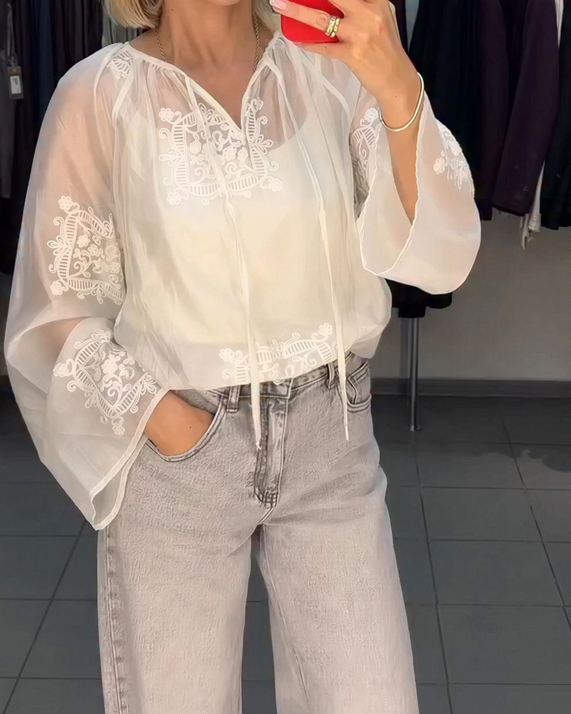 Casual Embroidered V-neck Tie Shirt