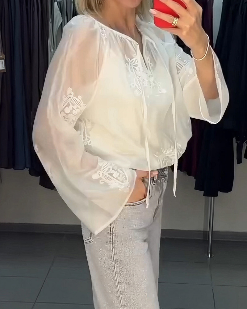 Casual Embroidered V-neck Tie Shirt