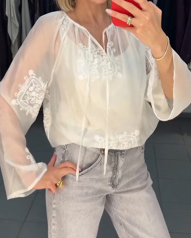 Casual Embroidered V-neck Tie Shirt