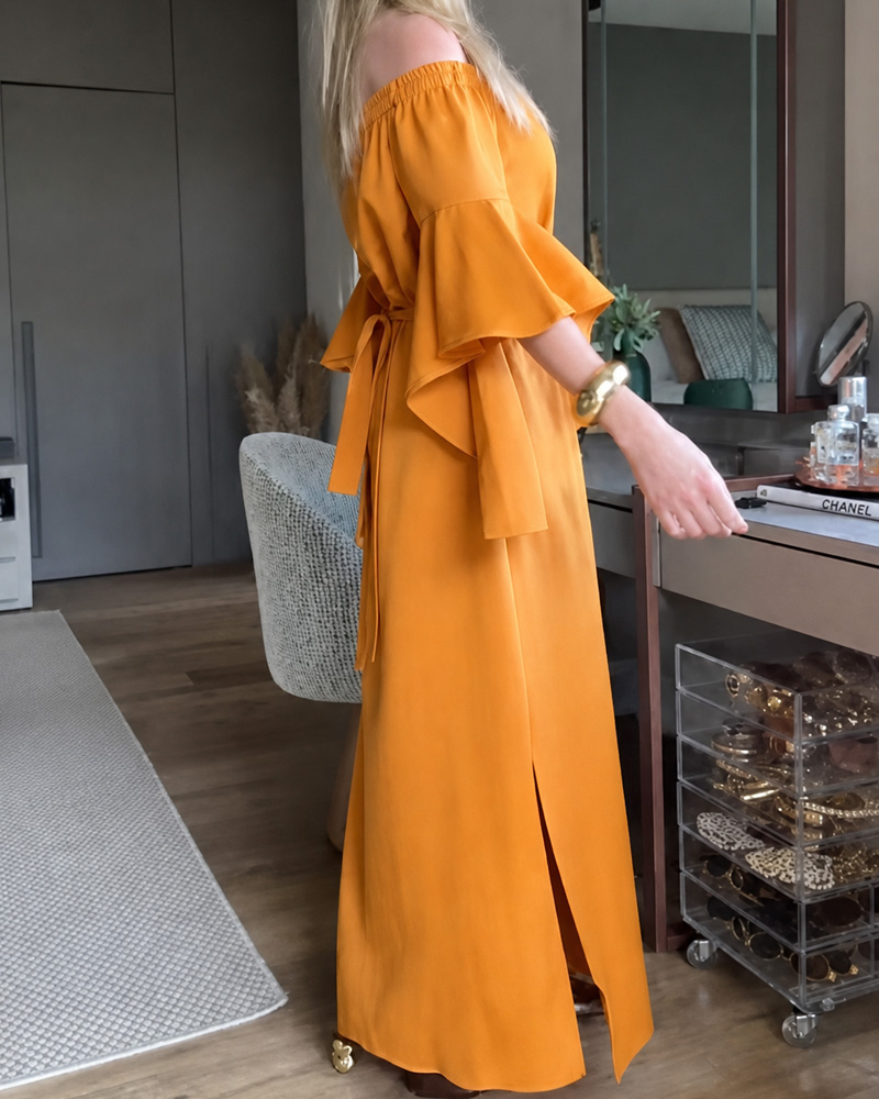 Casual Linen Solid Color Off-shoulder Tie-Waist Dress
