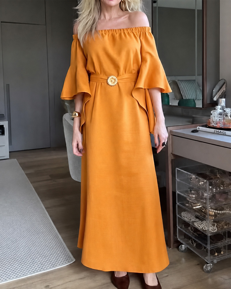 Casual Linen Solid Color Off-shoulder Tie-Waist Dress